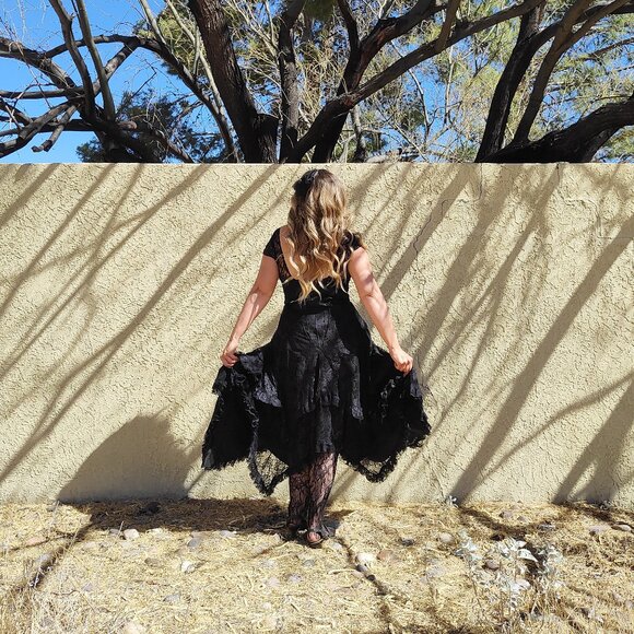 Vintage 80s-90s Black Lace Dress Fredericks Hollywood Handkerchief Goth Prom L - Picture 4 of 17